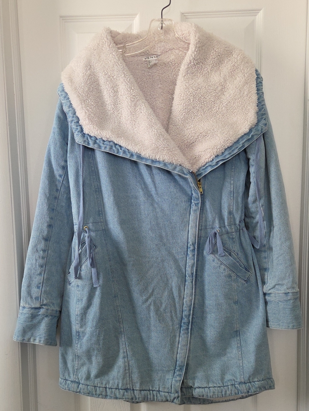 VENUS Sherpa Lined Denim Coat Jacket Light Wash Oversized Collar Boho Western 6